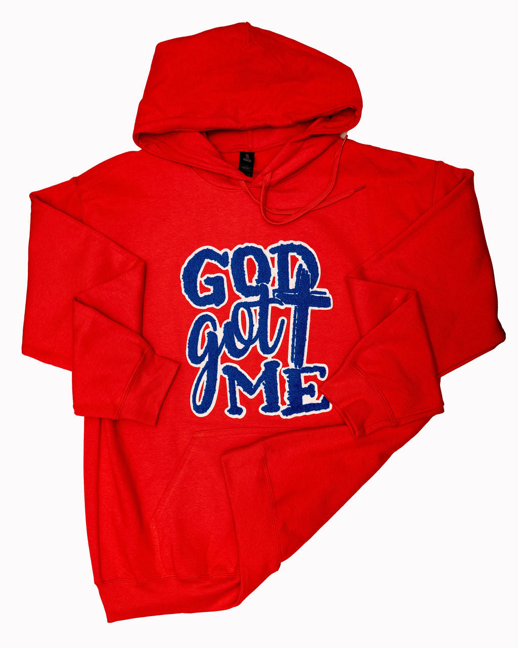 God Got Me Chenille Patch Hoodie – Red & Blue