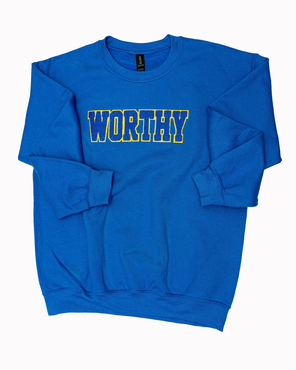 "Worthy" Chenille Patch Sweatshirt (Royal Blue / Yellow Trim)